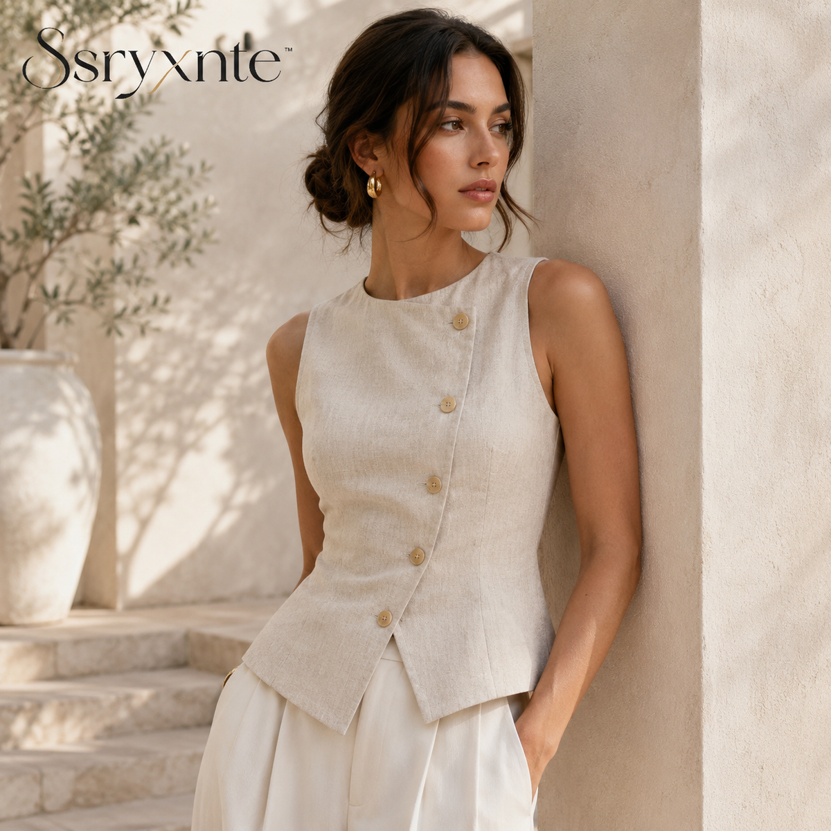 Asterra Sculpted Linen-Blend Vest Top